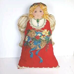 Christmas Pillow Printed Stuffed Fabric Angel Plush Decor 11” Vintage Country